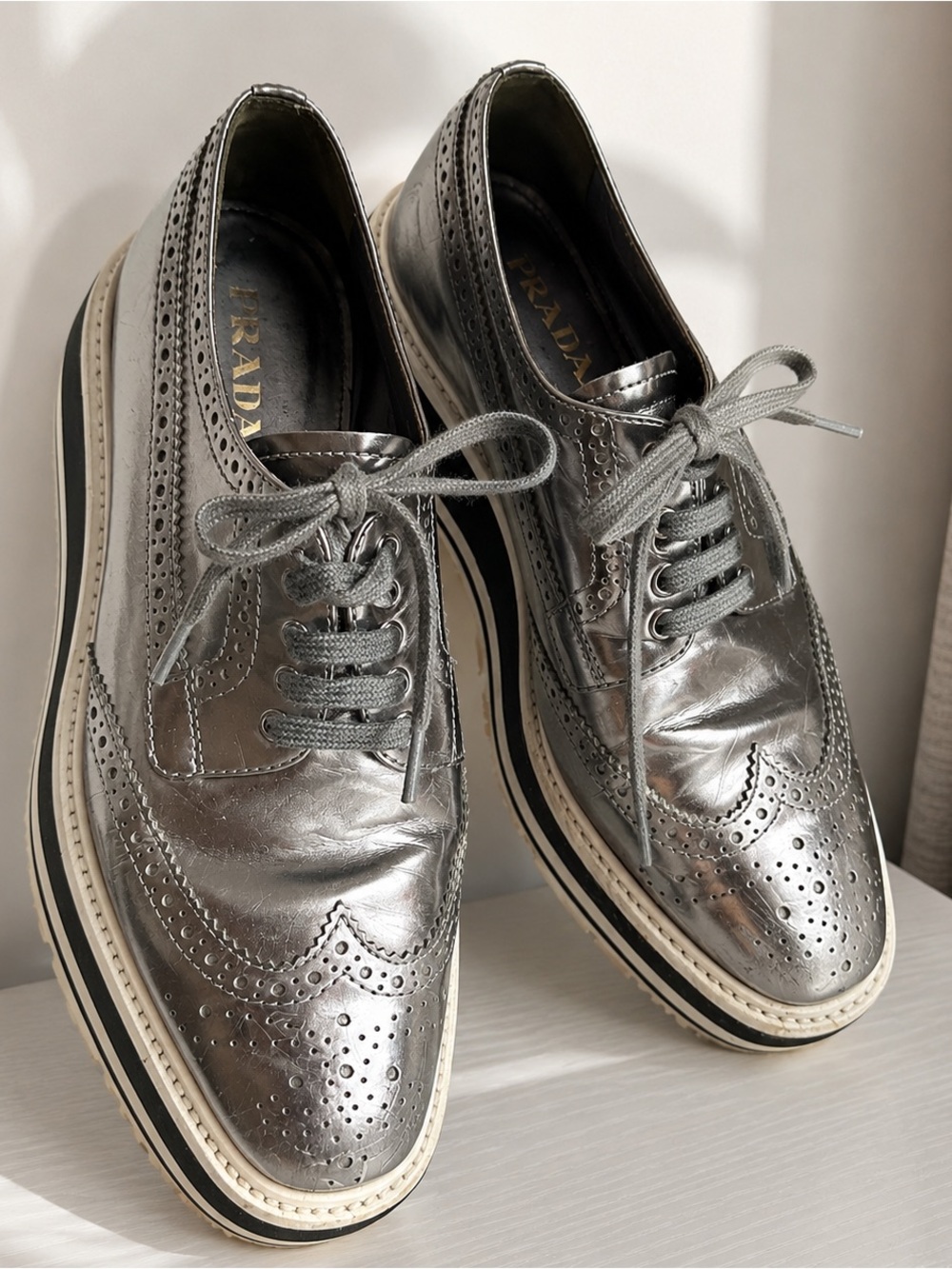Prada Women’s Silver Metallic Platform Oxford Shoes EU 38